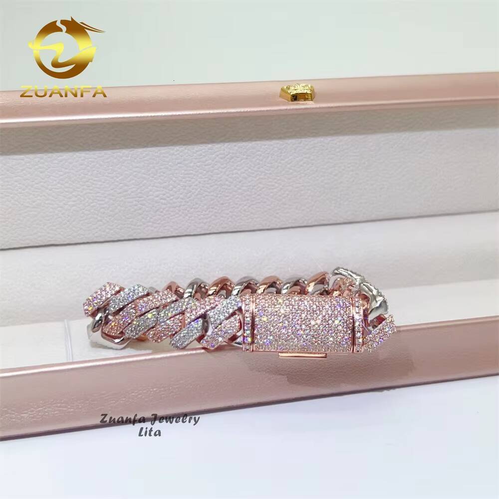 Custom 14mm Moissanite Jewellery Two Tone Rose Gold Cuban Link Chain Men Moissanite Cuban Link Bracelet
