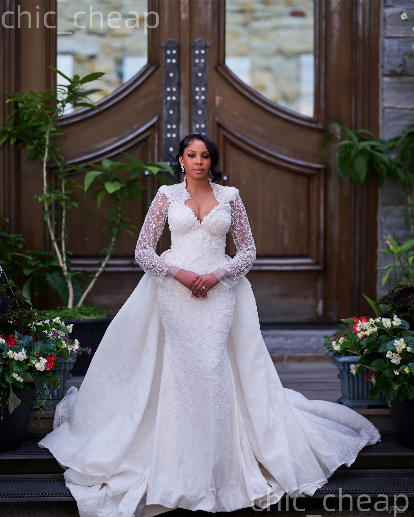 2026 Arabic Aso Ebi Plus Size Ivory Wedding Dresses Sheer Neck Full Sleeves Flowers Sequined Lace Detachable Train Bridal Gowns Dress For Brides ZJ205