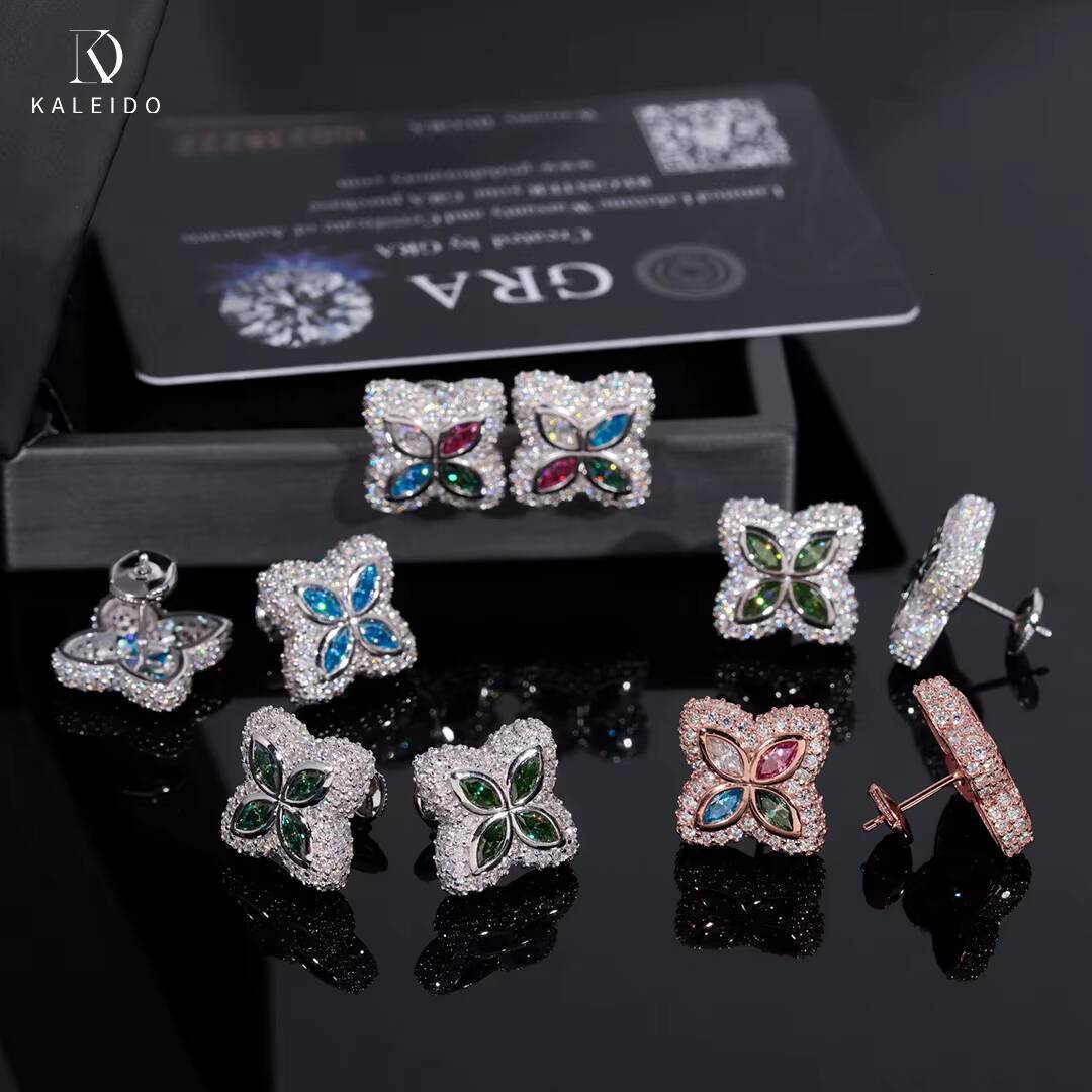 Factory Wholesale 15mm 19mm Color Moissanite Stud Earrings Flower 925 Sterling Silver Fine Jewelry Accessories Hip Hop Jewelry