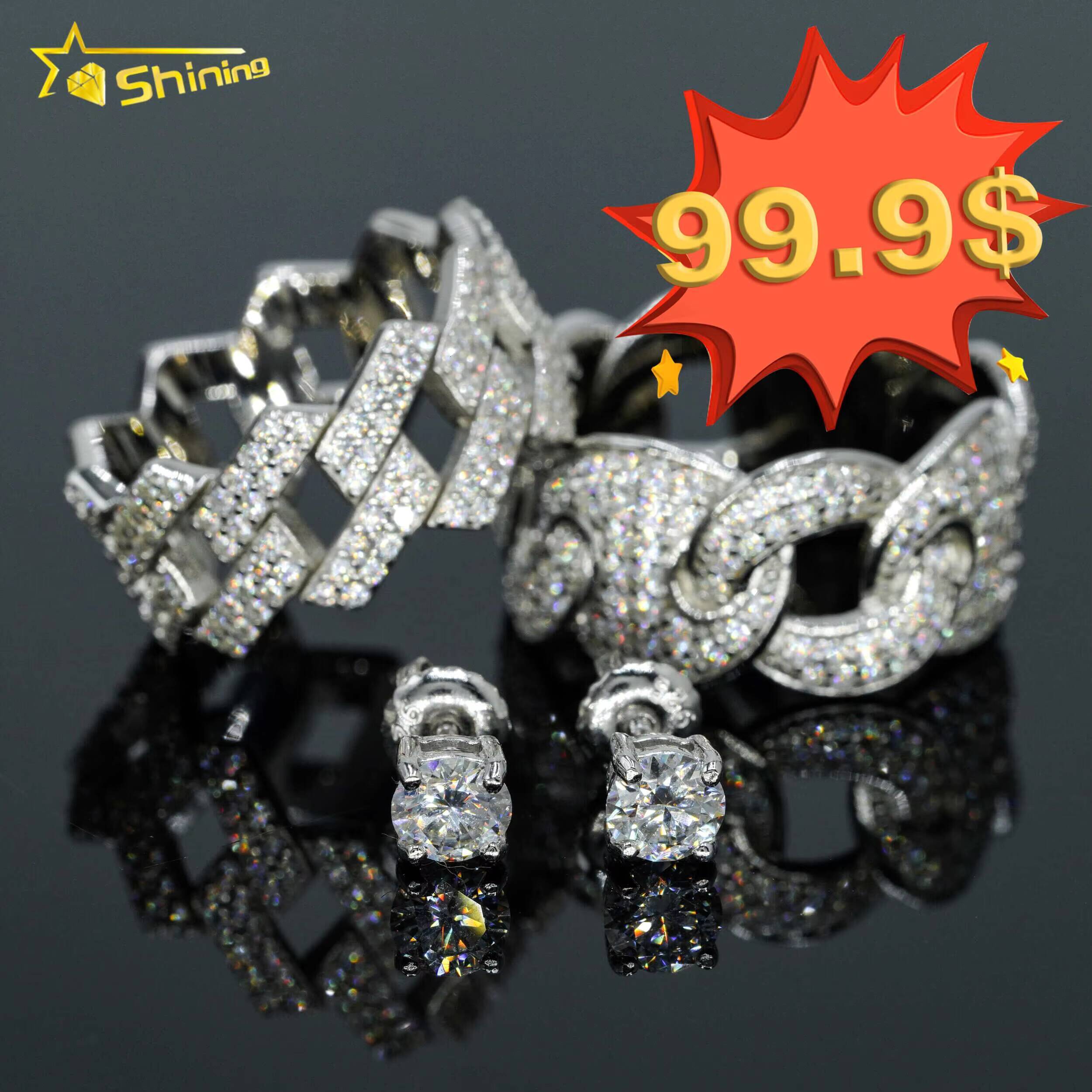 Wholesale Factory Price Rhodium Plated Prong Setting Moissanite Jewelry 925 Silver Iced 2 Row Cuban Hip Hop Unisex Rings