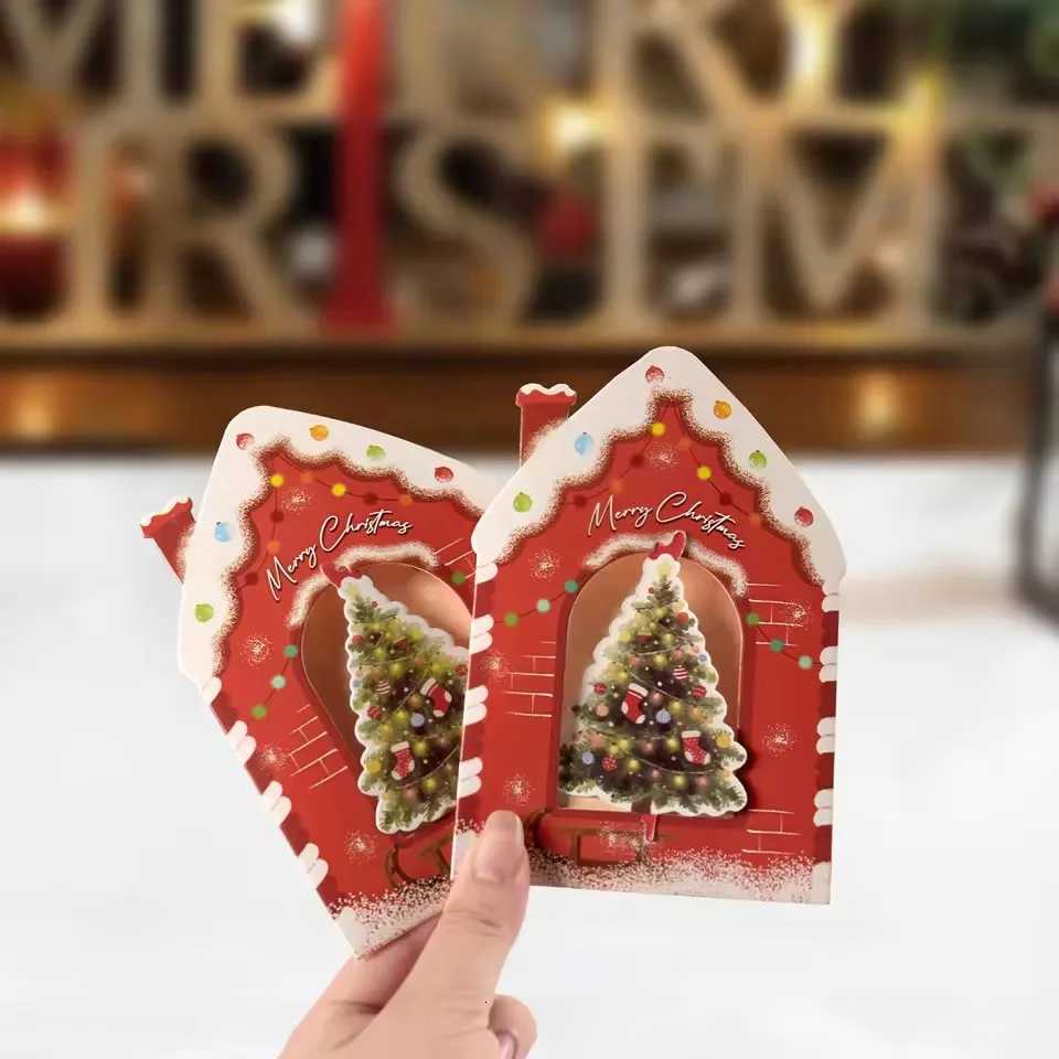 10/20Pcs Merry Christmas Greeting Cards House Design 3D Rotating Blessing Card for New Year Party Gift Decoration Supplies H251210