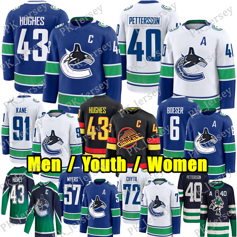 #43 Quinn Hughes hockey jersey Canuck jersey #40 Elias Pettersson Evander Kane Brock Boeser Trevor Linden Jake DeBrusk Thatcher Demko Conor Garland Pavel Bure jerseys