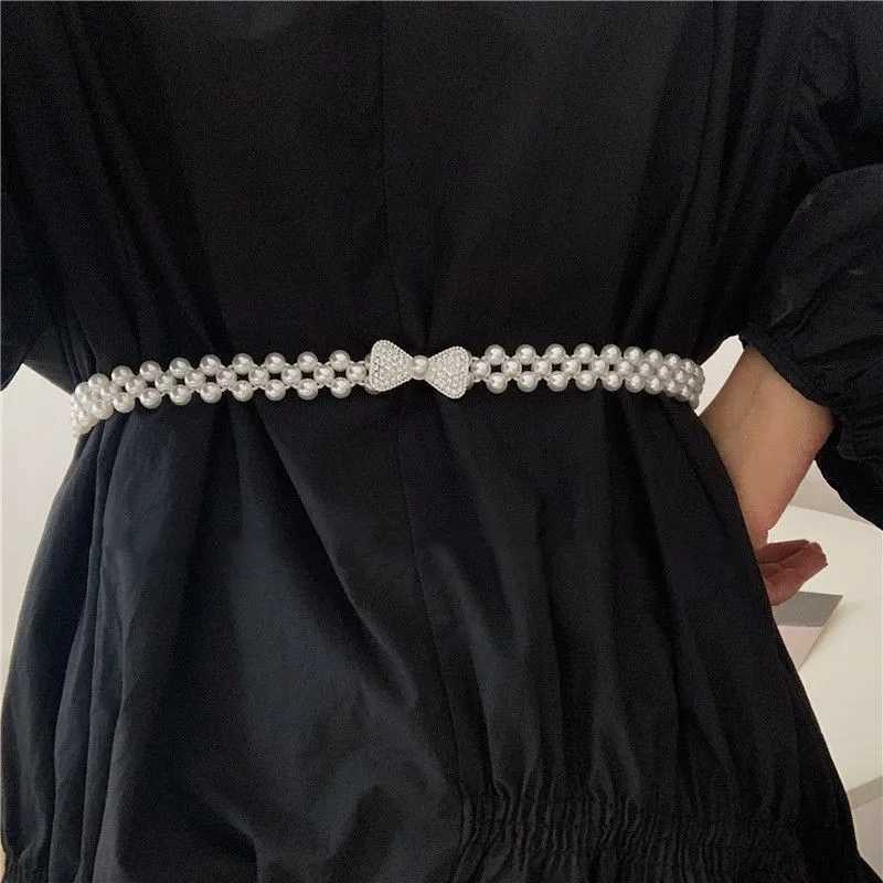 Luxury Womens Belt Pearl Waist Chain Womens Large Pearl Inlaid Rhinestone Elastic Belt with Waist Decoration Belt Beaded Elastic Belts Y251210