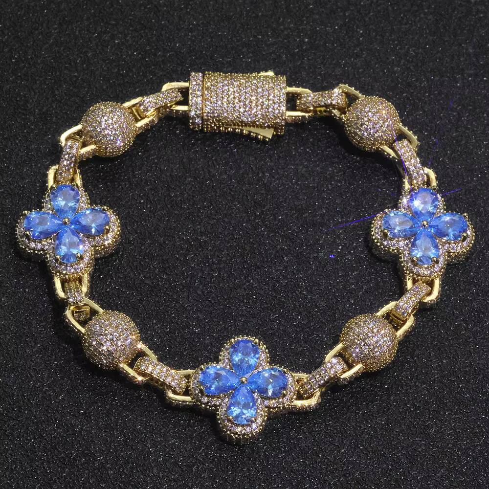 NUOYA Iced Out Four Leaf Clover Spherical Cuban Link Chain Bracelet Gold Silver Plated Diamond Zircon Hip Hop Jewelry