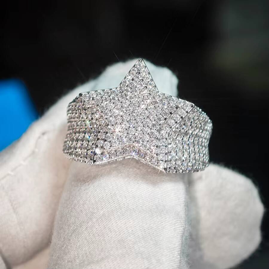 VVS Hip Hop Mens Moissanite Cluster Double Five-Point Star Ring 925 Sterling Silver Passes Diamond Tester Fine Jewelry
