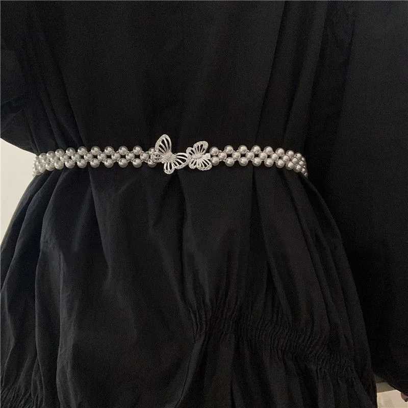 Luxury Womens Belt Pearl Waist Chain Womens Large Pearl Inlaid Rhinestone Elastic Belt with Waist Decoration Belt Beaded Elastic Belts Y251210