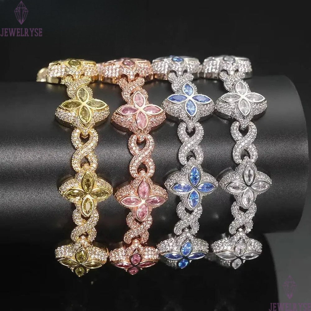 Eskeem Hip Hop Bracelet New Design Infinite Miami Cuban Link Chain Four Leaf Clover Iced Out Diamond Flower Cross for Women Men