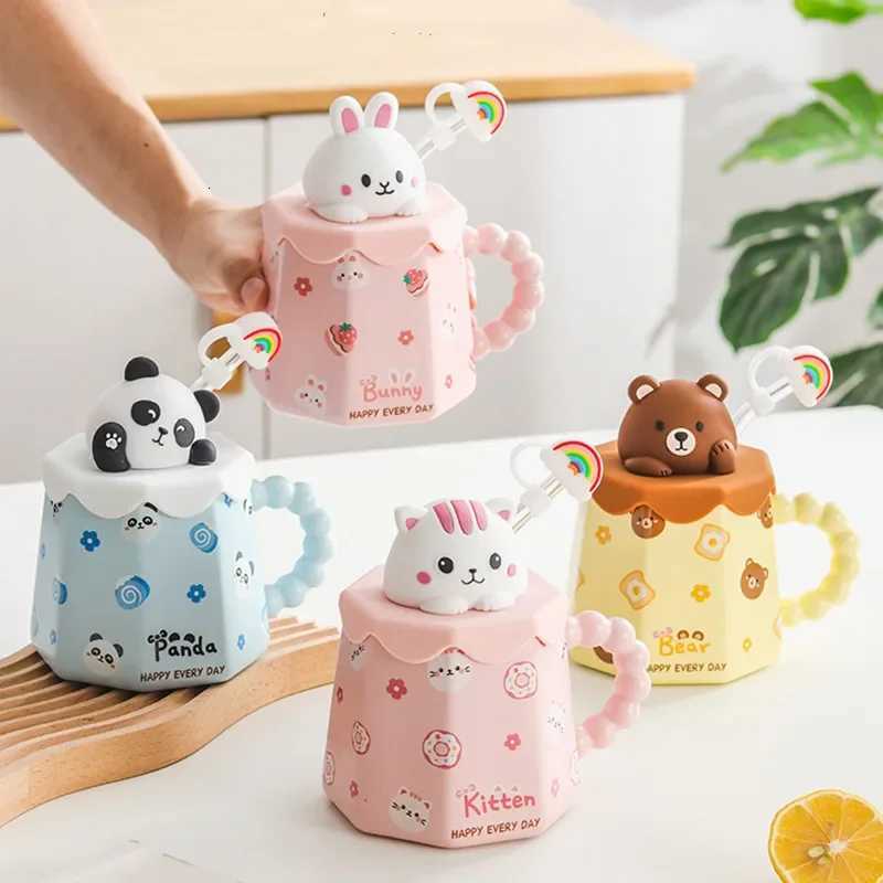 Cartoon Ceramic Mug with Lid and Spoon Creative Cute Coffee Milk Tea Breakfast Cup Drinkware Novelty Gifts 400ML Mugs C251210