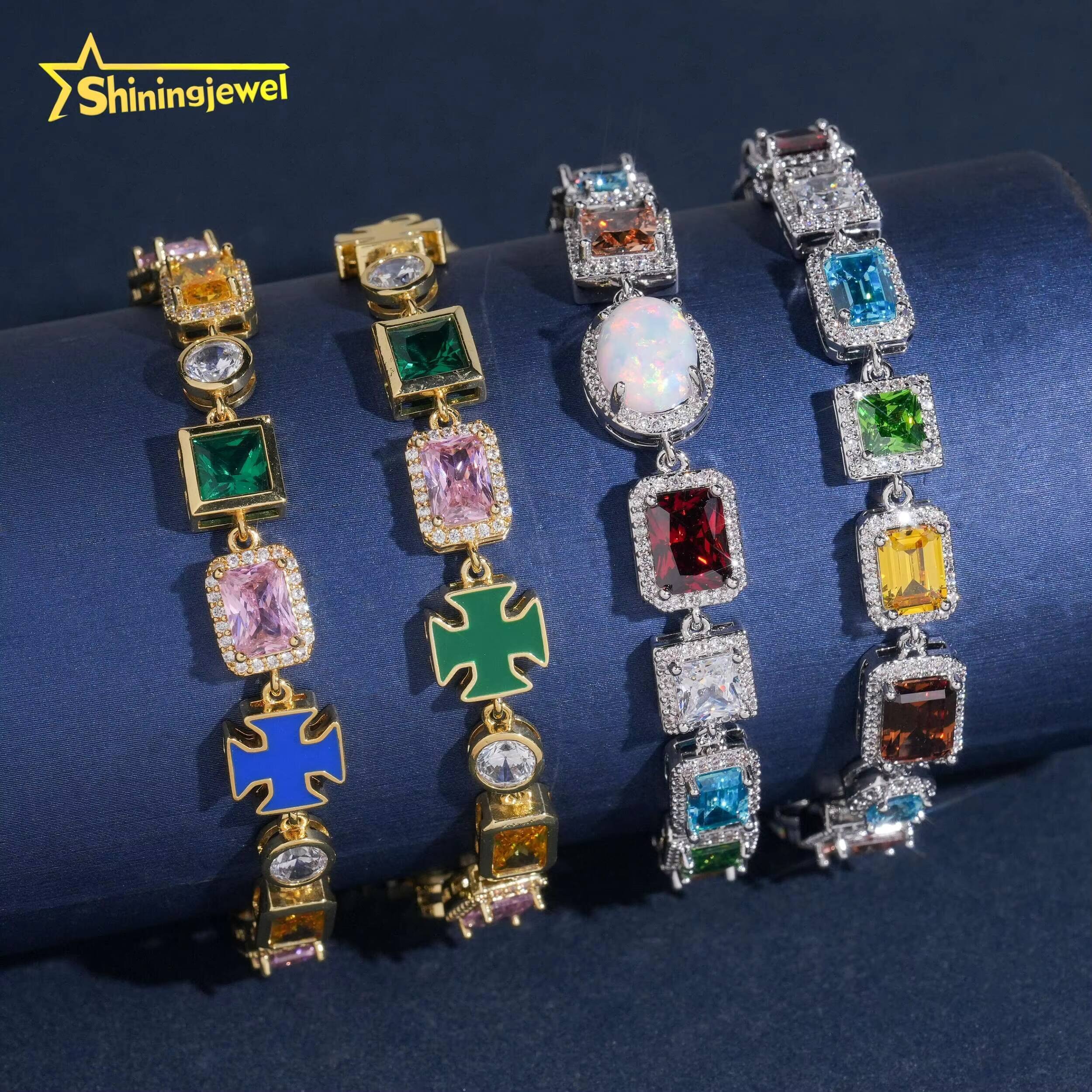 107mm Brass Necklace Iced Out 5A Cubic Zirconia Pink Blue Green Stone Hip Hop Fancy Mix Shape Diamond Jewelry Opal Necklace