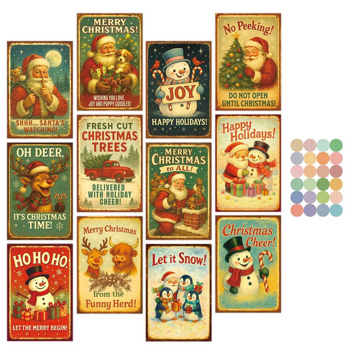 12pcs Christmas Wall Cards With Stickers-Vintage Holiday Decorations For HeOffGifts WrappingStationery Greeting Cards H251210