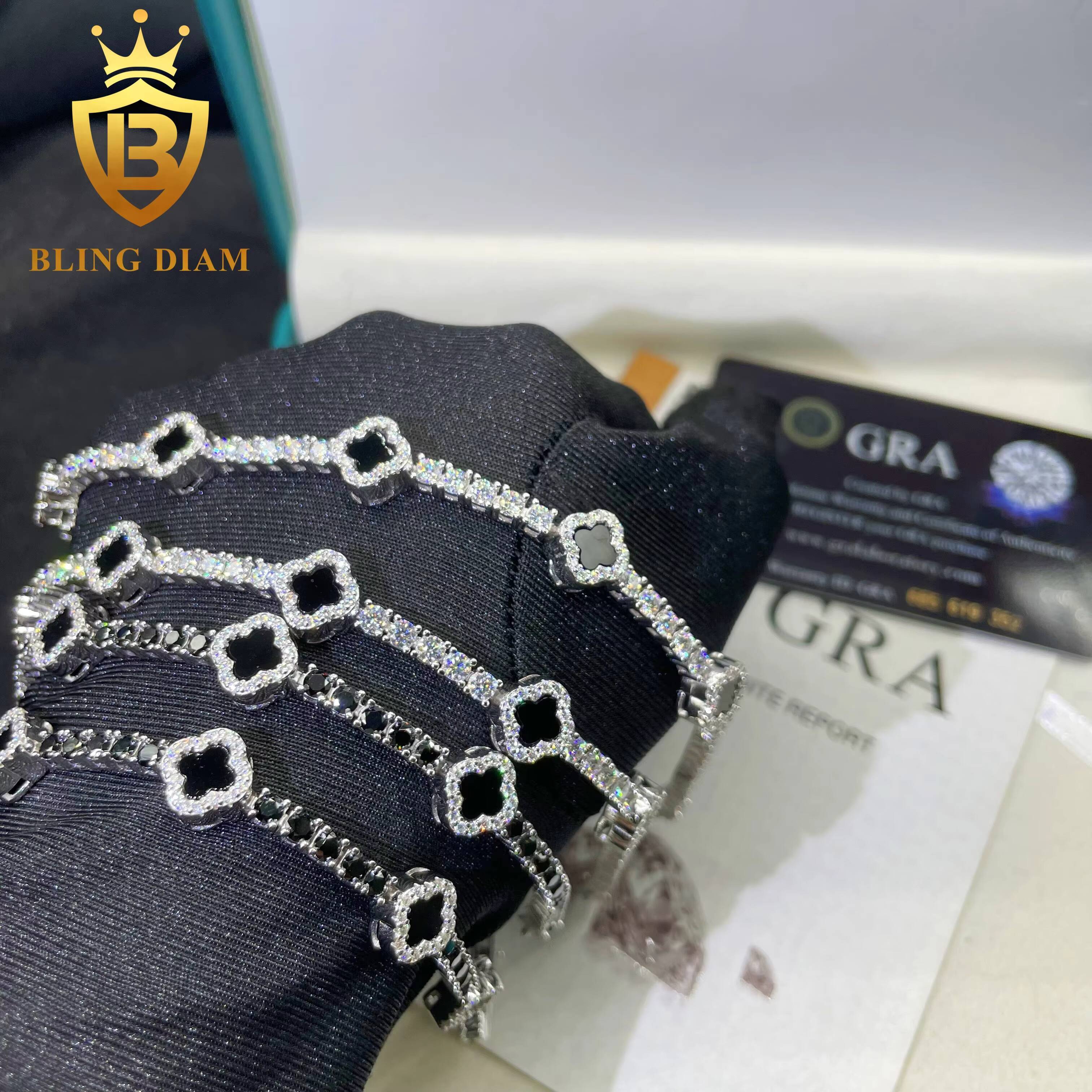 Hot Selling 3mm Four Clover Leaf 925 Sterling Silver Luxury Hip Hop Moissanite Diamond Tennis Chain Bracelet Pass Diamond Test