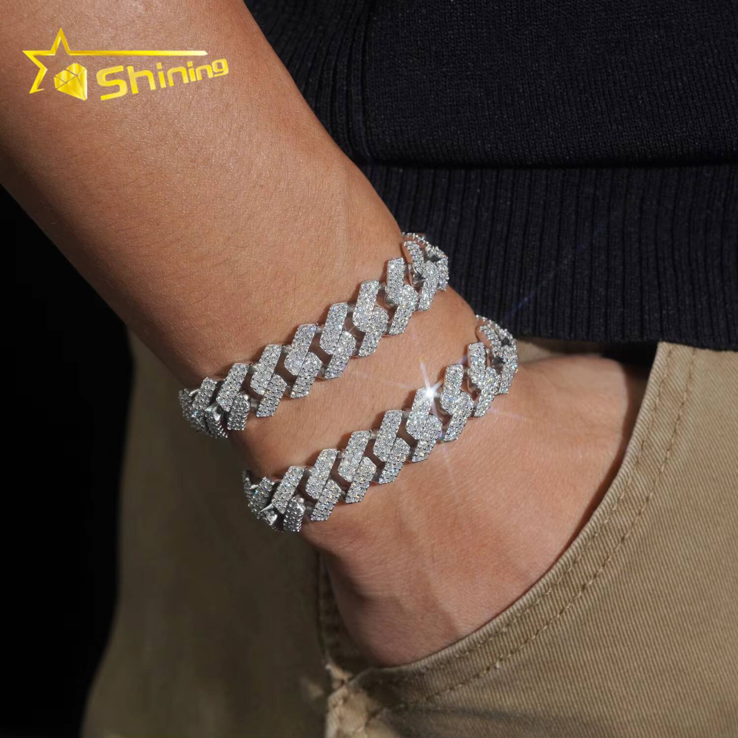 Pass Diamond Tester Moissnaite 2rows 14mm Mens Cuban Bracelet Solid S925 Gold Plated Luxury Cuban Link Chain Hip Hop Jewelry