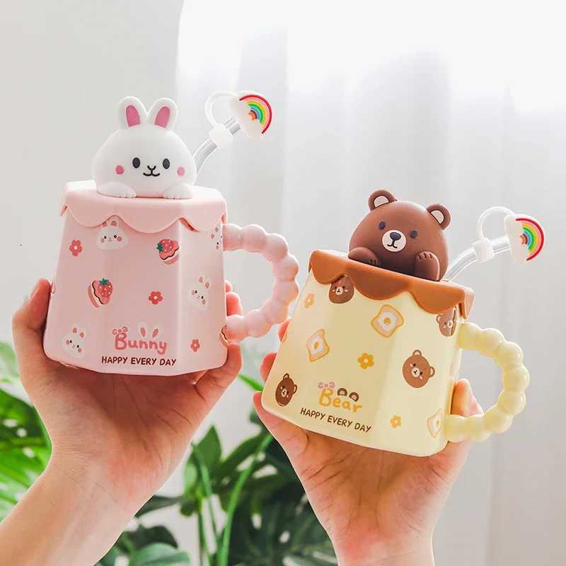 Cartoon Ceramic Mug with Lid and Spoon Creative Cute Coffee Milk Tea Breakfast Cup Drinkware Novelty Gifts 400ML Mugs C251210