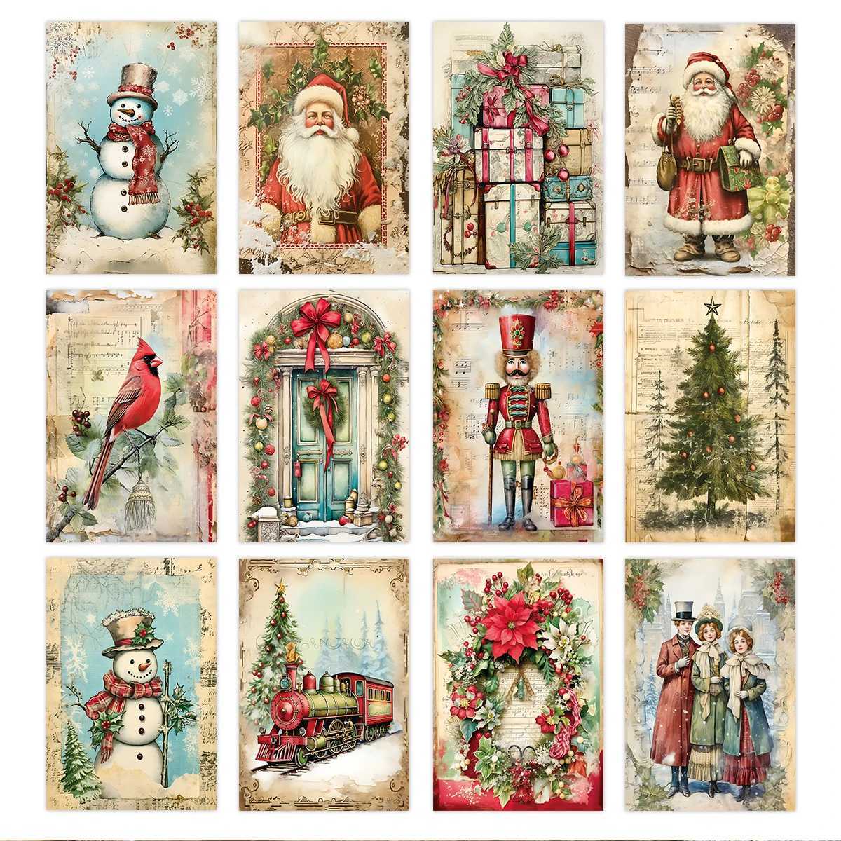 12pcs Vintage Christmas Wall Cards With Stickers-Decorative Cards For Xmas He Party Wall DecorScrapbookingGift TagDiy Craft H251210