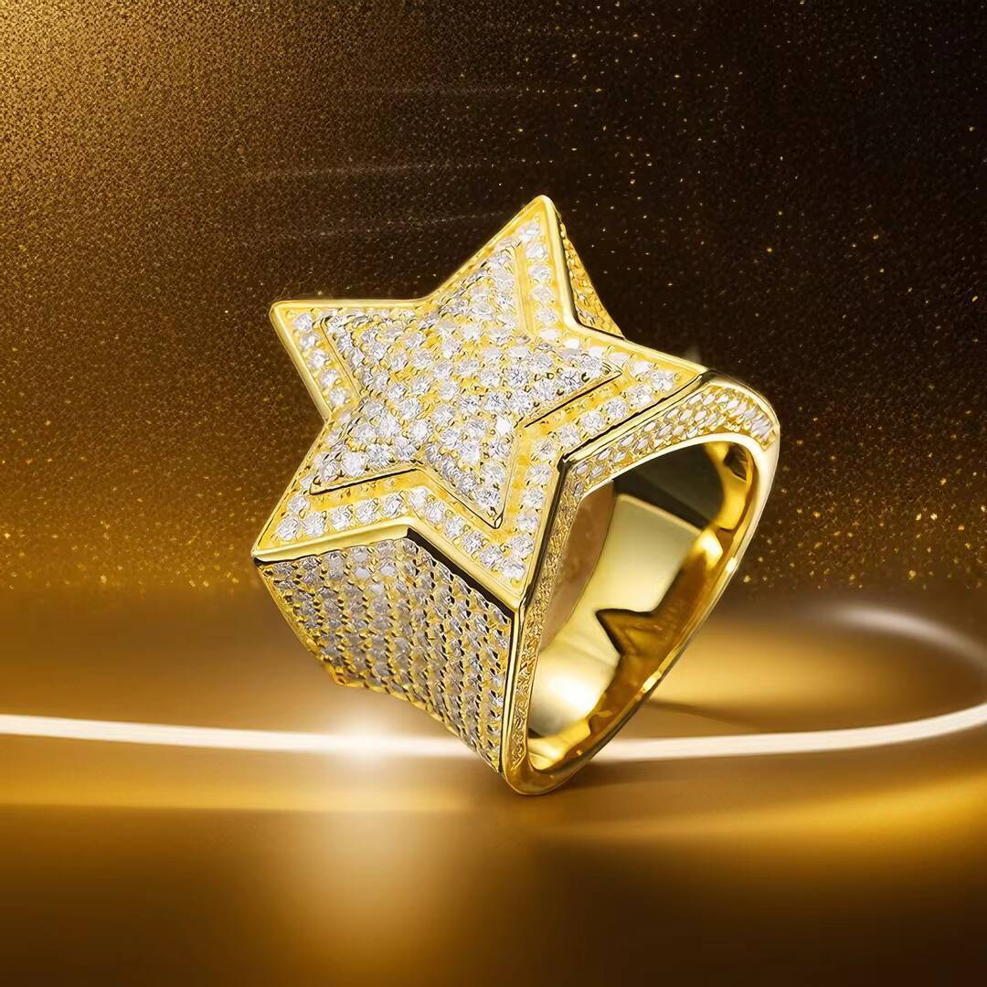 Best Selling Luxury Jewelry S925 Silver Set Moissanite 18K Gold Plated Ice Out Five-Pointed Star Hip-Hop Ring