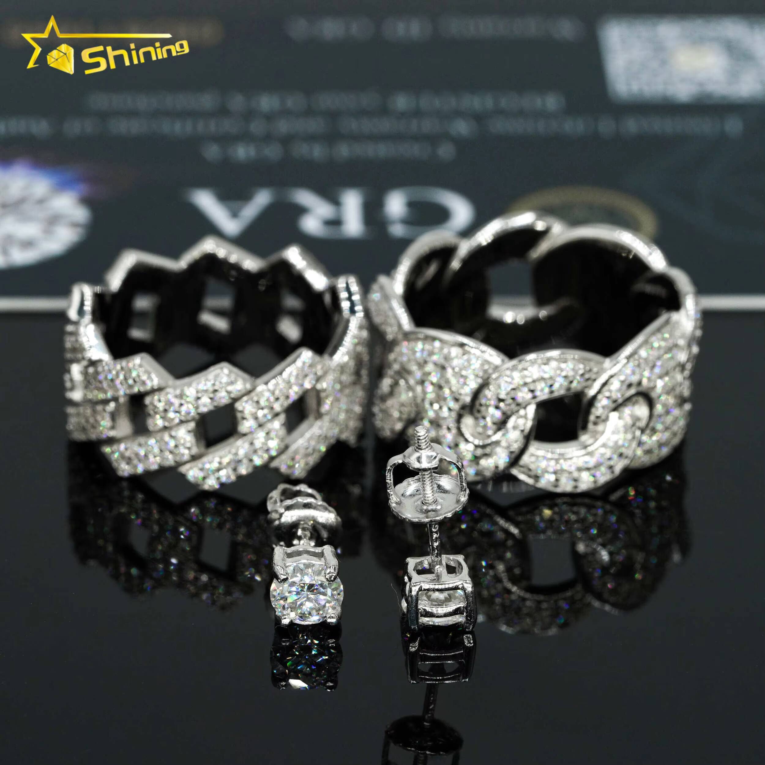 Wholesale Factory Price Rhodium Plated Prong Setting Moissanite Jewelry 925 Silver Iced 2 Row Cuban Hip Hop Unisex Rings