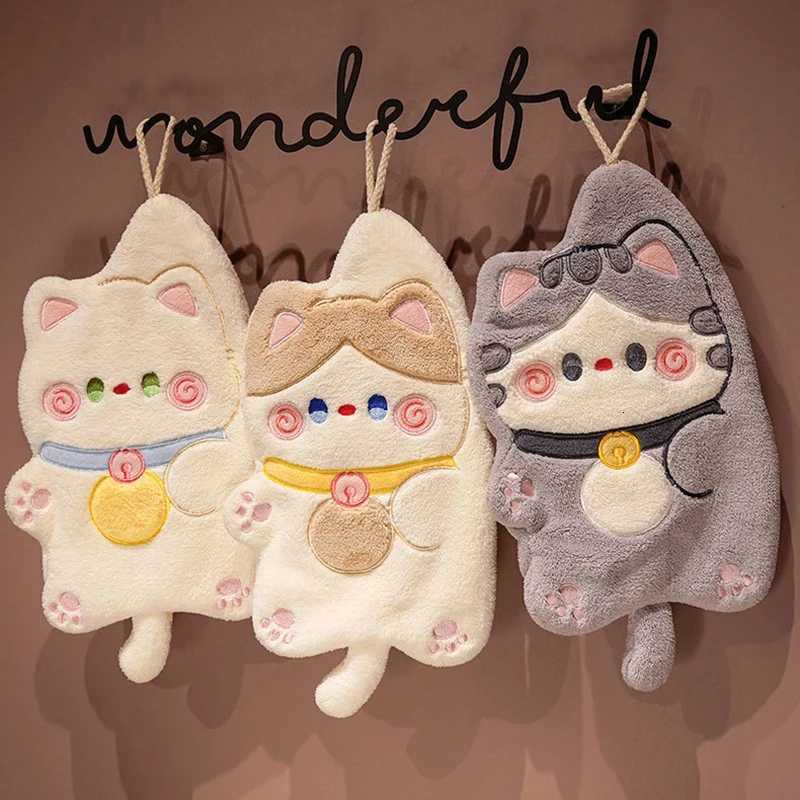 Cute Cat Hand Towel Quick Dry Kitchen Cleaning Wipes Coral Velvet Cartoon Absorbent Hanging Towel Bathroom Accessories C251210