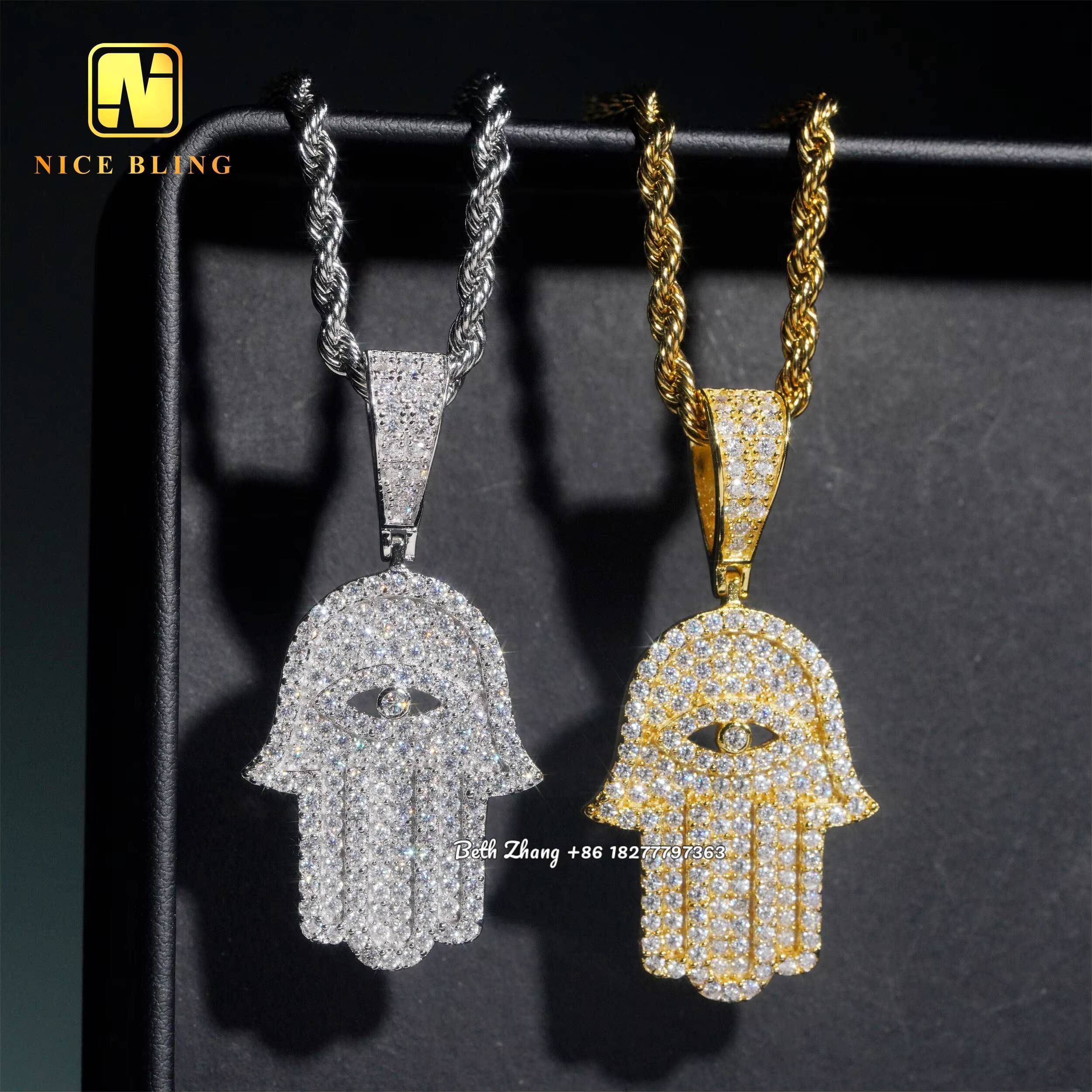 925 Sterling Silver Pendants Hip Hop Jewelry Moissanite Hamsa Hand Charm Pendants