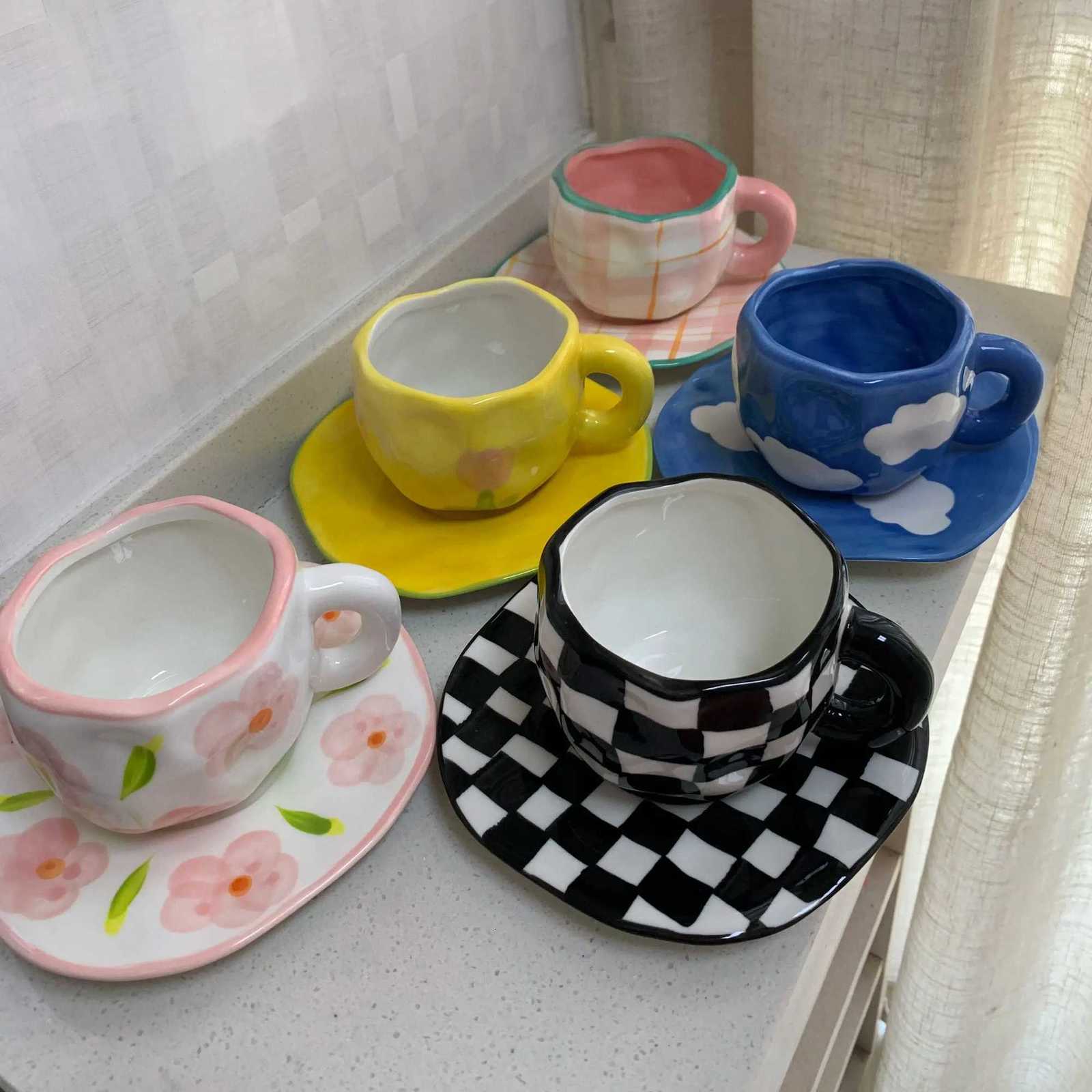 300ML 10OZ Korean Style Kawaii Cute Ceramic Mugs Handmade Flower Pattern Breakfast Coffee Milk Cup with Dish and Spoon C251210