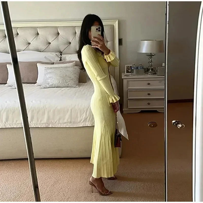Elegant Knit Ribbed Single Breasted Long Dress Women Slim Lapel Flare Sleeve Pockets Female Dresses Autumn Lady Solid Robes 251210 C260312