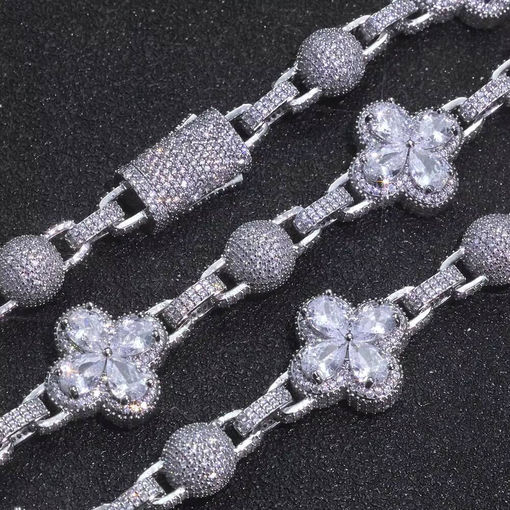 NUOYA Iced Out Four Leaf Clover Spherical Cuban Link Chain Bracelet Gold Silver Plated Diamond Zircon Hip Hop Jewelry
