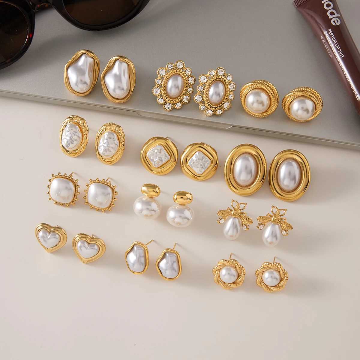 Uworld Exquisite Elegant Irregar Resin Pearls Ear Studs 18K PVD Stainl Steel Gold Color Fine Textu Smooth Earrings For W Y251210