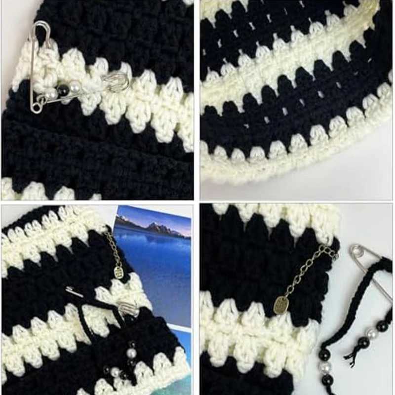 Luxury Neutral Hand Crocheted Knitted Pullover Hat with Detachable Metal Pin Tassel Y2K Street Fashion Hip Hop Hollowed Punk Style Y251209