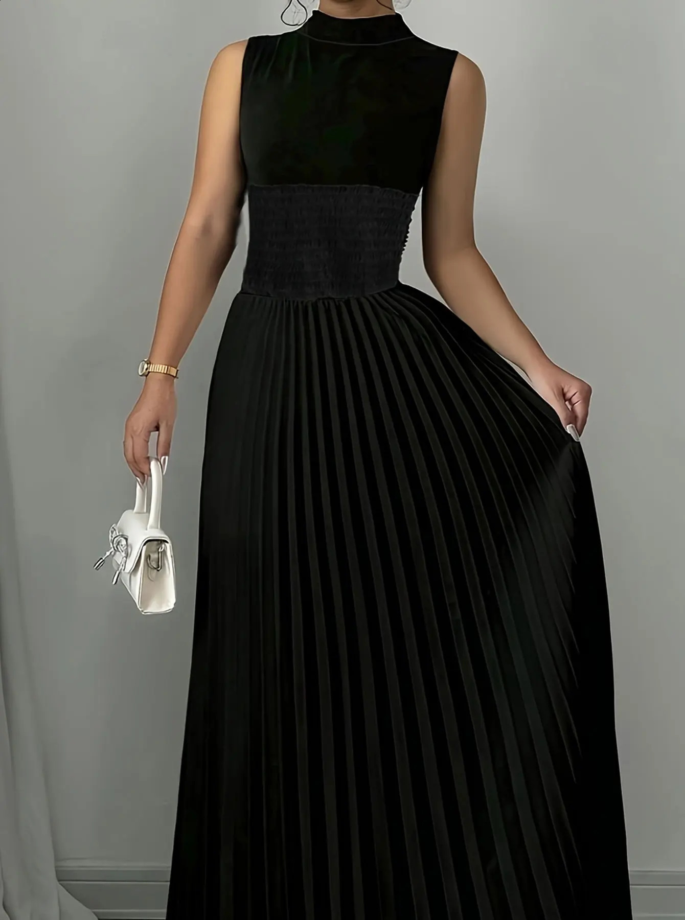 Black Womens Oversized Woven Casual Bohemian A-Line Maxi Summer Dress with Pockets - Full Length Clothing C260312