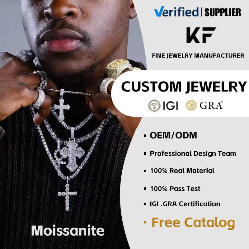 Customized Fine Jewelry Hiphop 925 Sterling Silver VVS Moissanite Iced Out Cuban Cross Pendant Necklace for Men