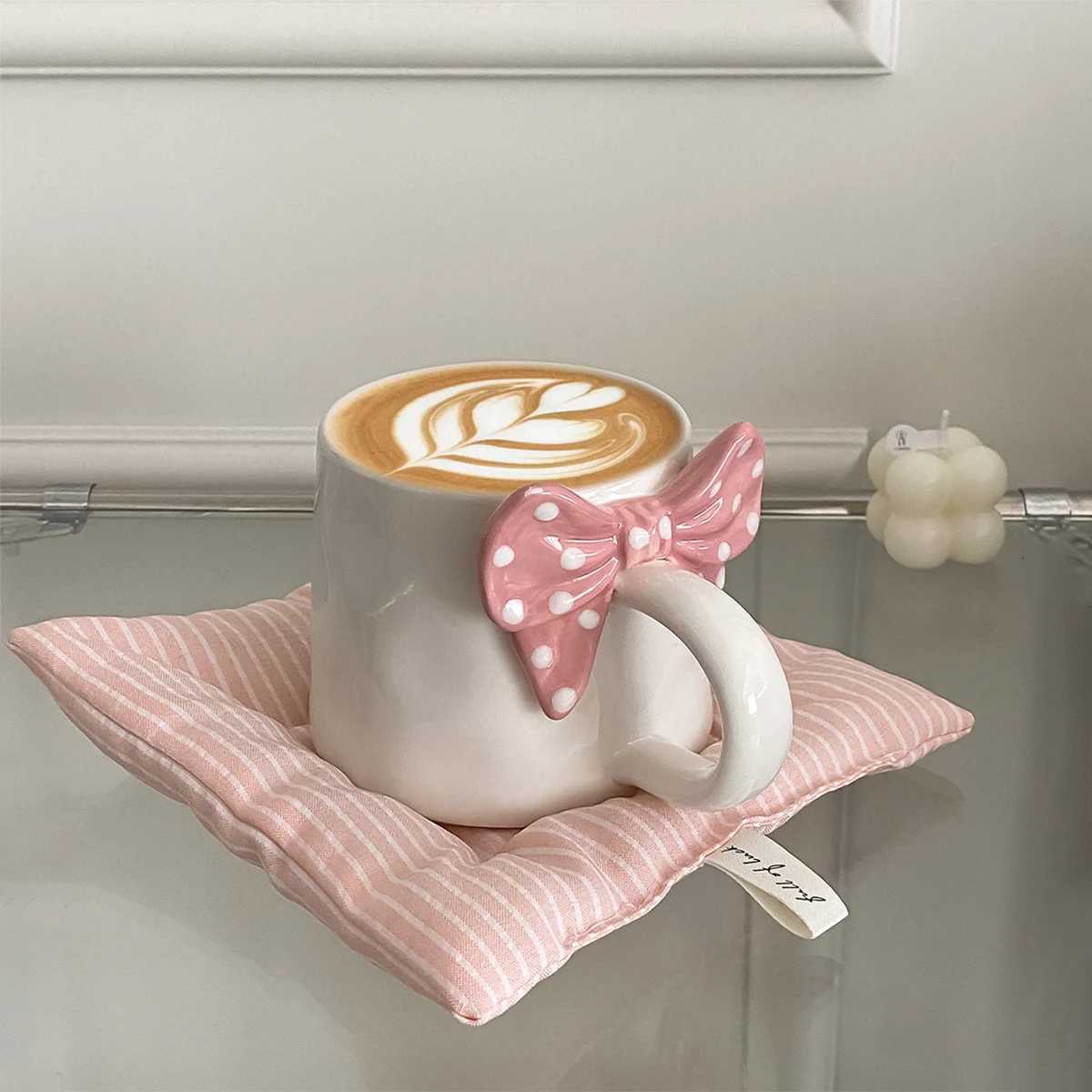 1Pc Polka Dot Bow Mug Creative Bow Handle Ceramic Mug Exquisite Polka Dot Design Suitable for Home Decoration Living Room Bedroom Diningt C251210