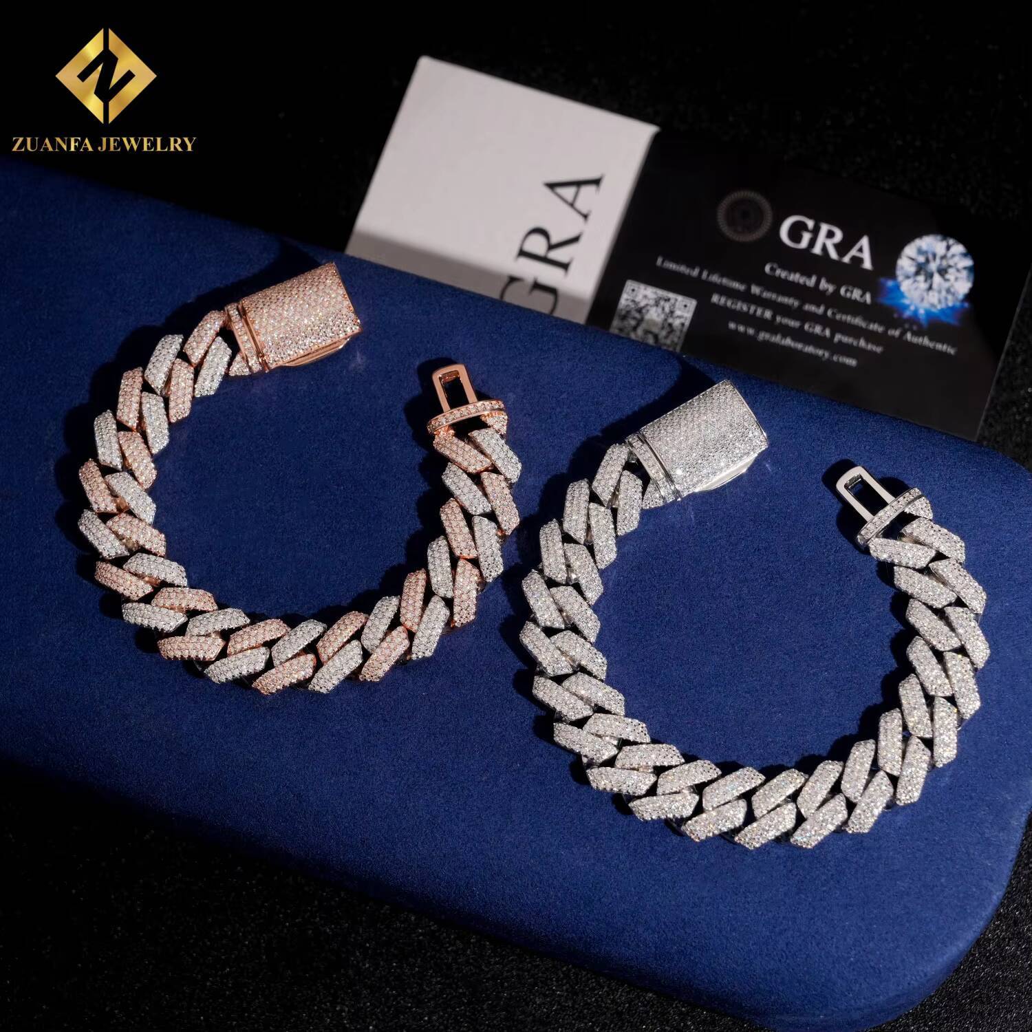 Wuzhou Zuanfa Hip Hop Menfor Bracelet Necklace 925 Silver 15mm Two Tone Moissanite Miami Cuban Link Chain Rock Jewelry