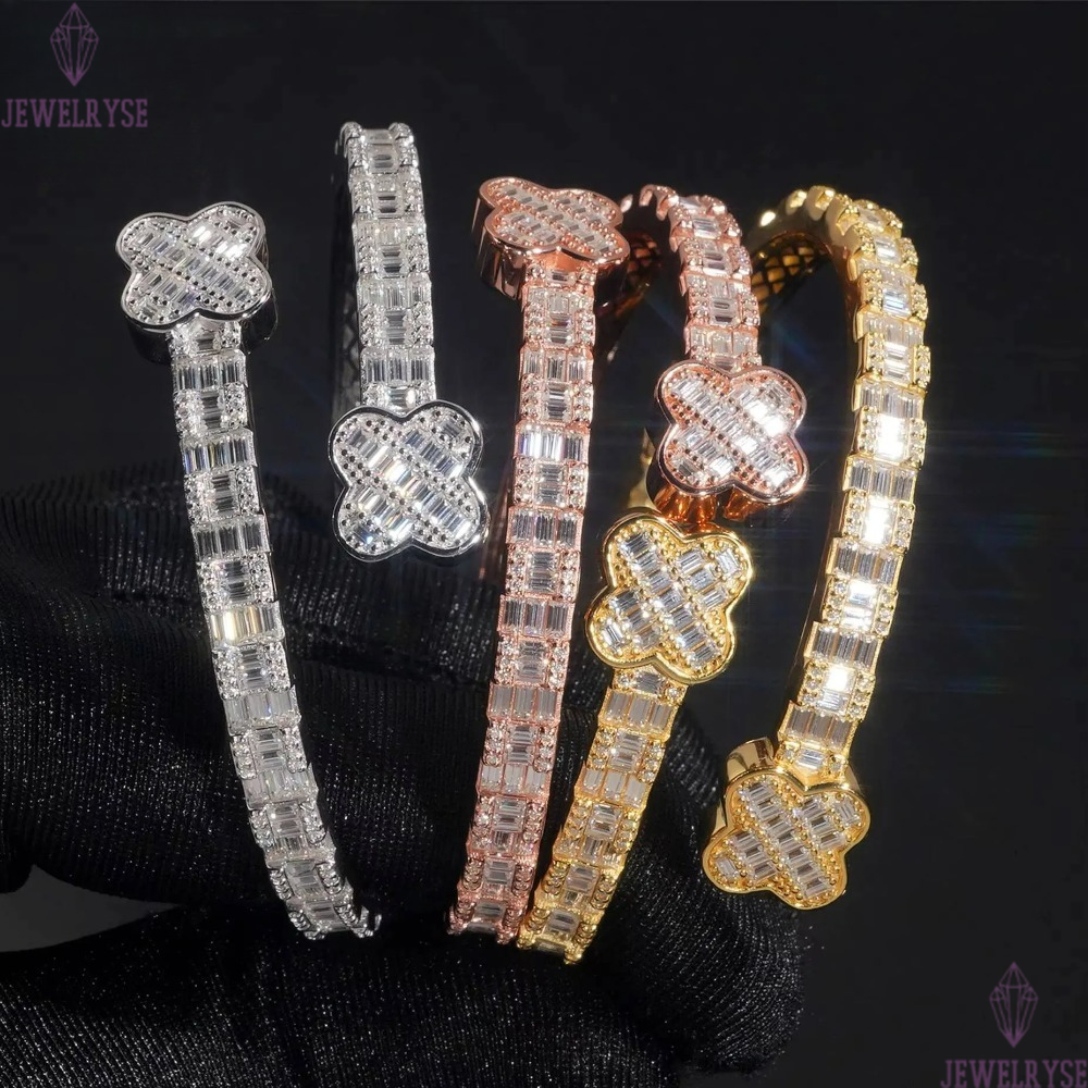 925 Sterling Silver Iced Out Hip Hop Jewelry VVS Moissanite Diamond Four Leaf Clover Bracelet Bangle Men