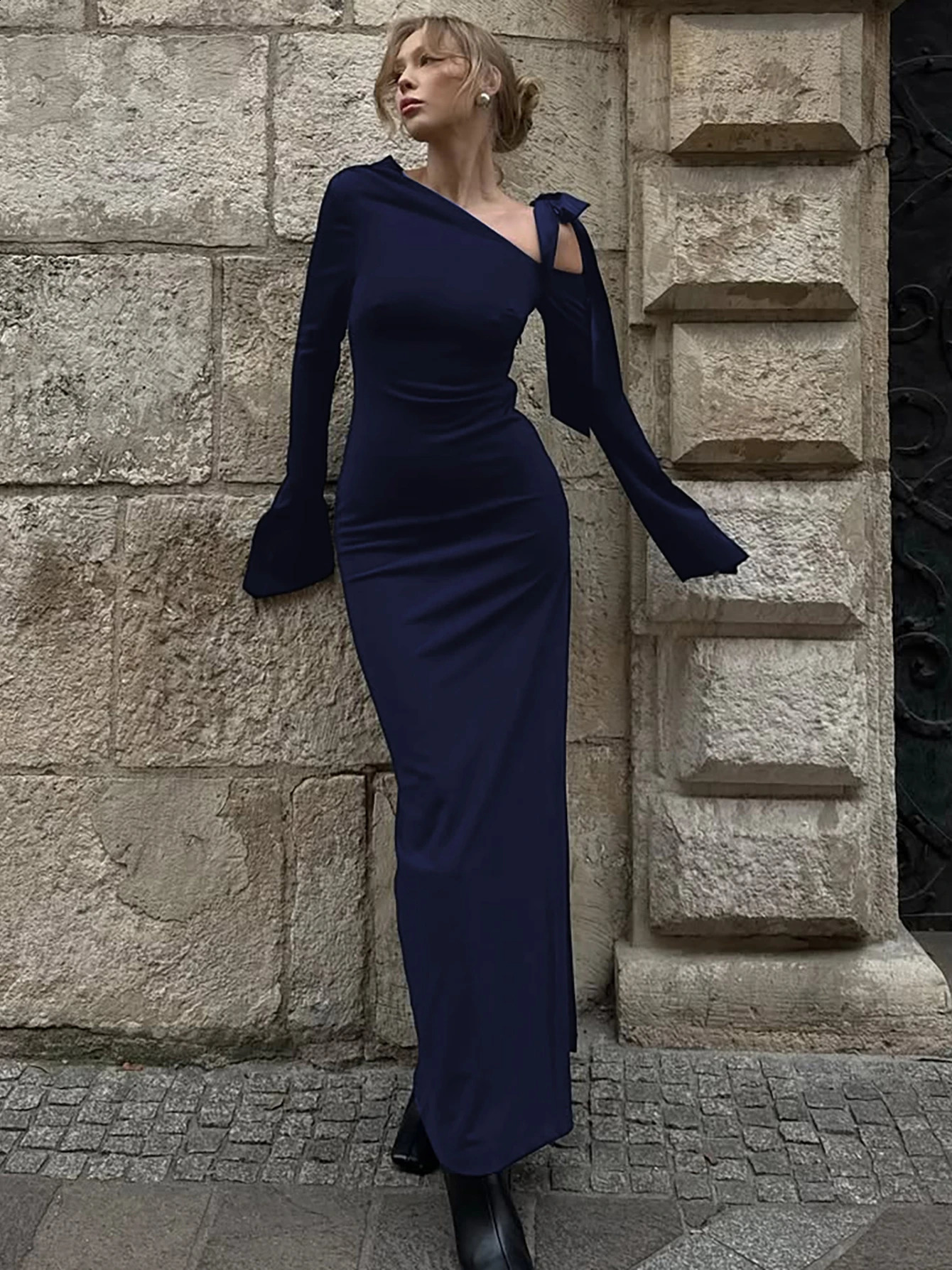 Dulzura Womens Long Sleeve Lace-Up Side Slit Dress - Autumn Shoulder Style for Party and Club Wear C260312