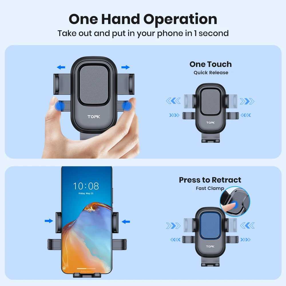 TOPK Car Phone Holder Mount Suction Cup Strong Grip Adjustable Dashboard/Windshield Stand Fit for All Smartphones iOS/Android C251210