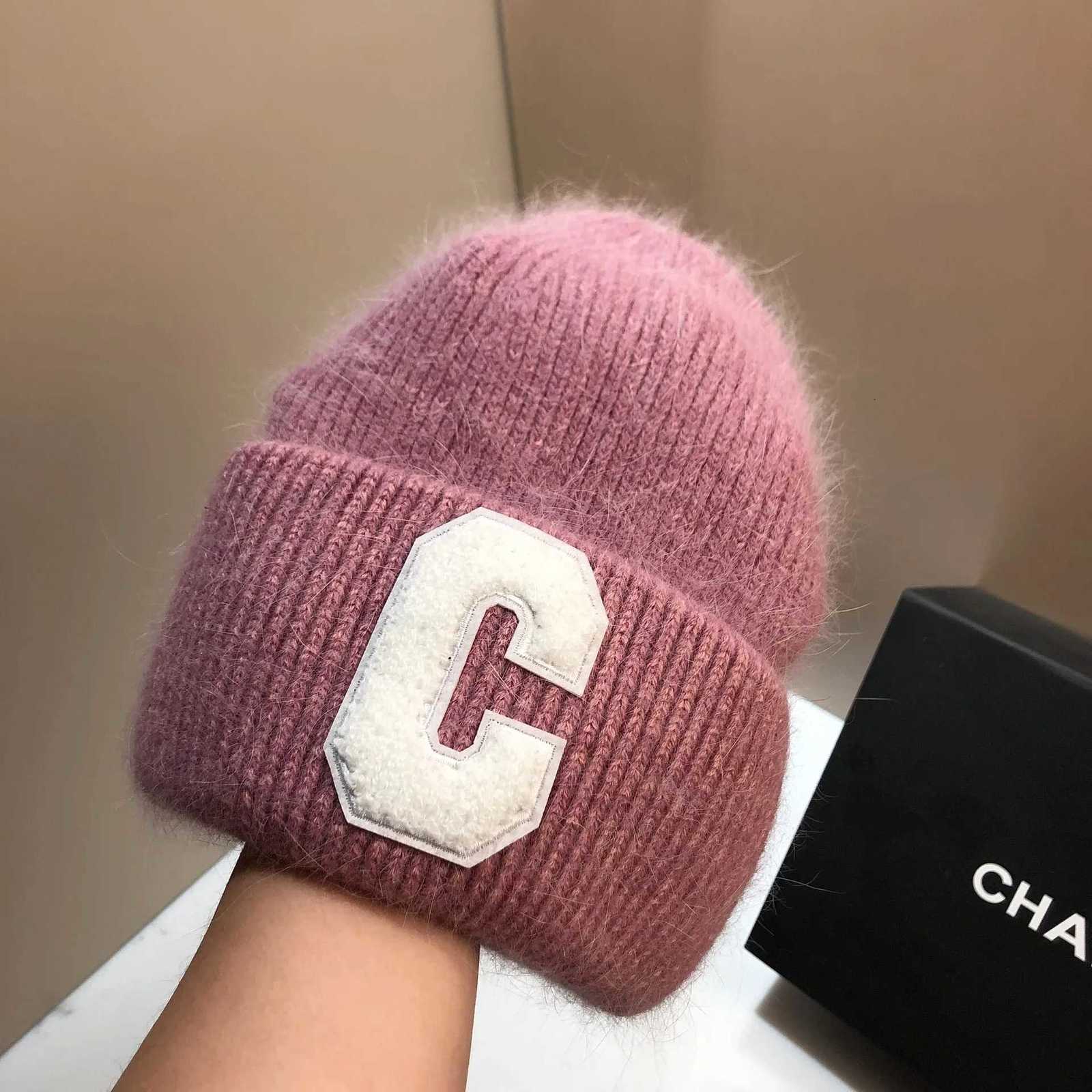 Luxury Unisex Letter C Rabbit Fur Knitted Beanie Hat Winter Wool Skullies Skiing Caps Luxury Hat Lady Outdoor Warm Walking Bonnet Y251209