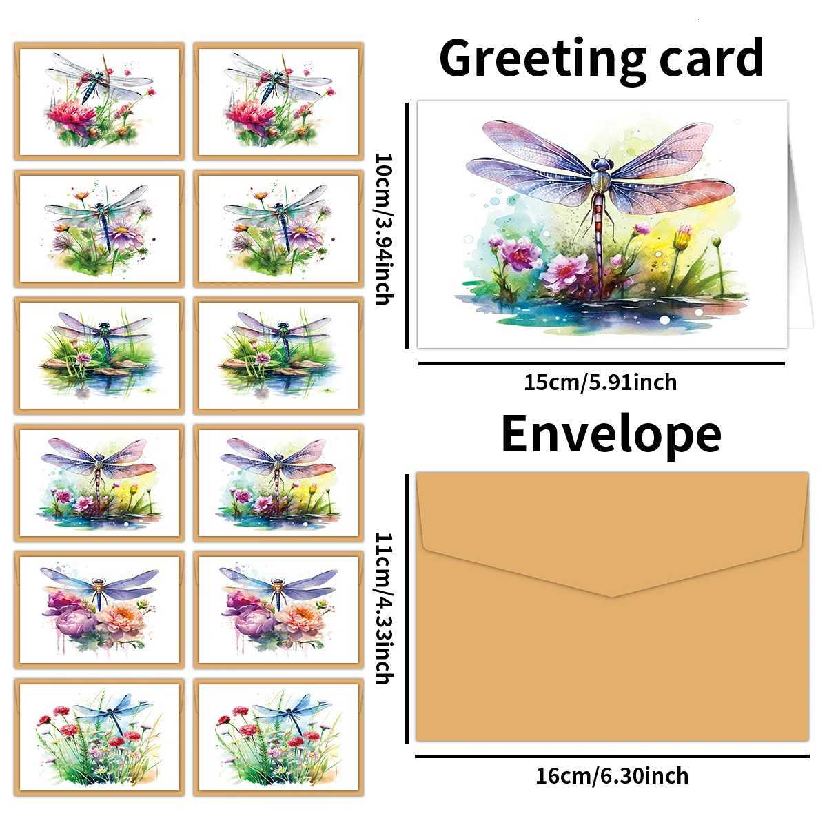 12pcs Watercolor Esign Dragoy Flower Greeting Cards With Envelopes For Thank You Gifts Birthday Congratation Wedding H251210