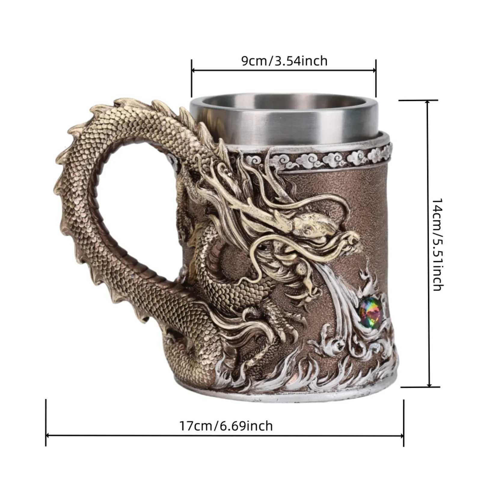 600ML Golden Copper Dragon Beer Resin Tankard 304 Stainless Steel Medieval Tea Cup Coffee Beer Mug Copper Color New Party Bar C251210