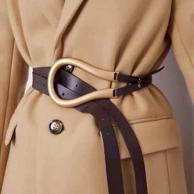 Luxury NEW Genuine Leather double Belts Luxury Metal U Buckle belt women girls retro vintage large belt for coat jeans black white Y251210