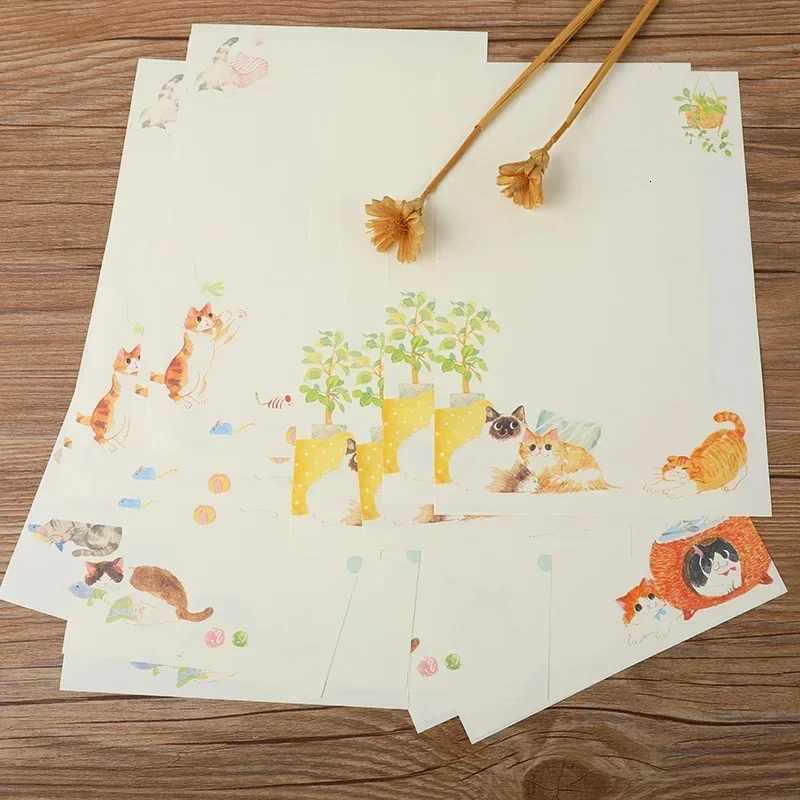 9pcs/set Cartoon Cats Envelopes with Letter Pads Cute Letter Writing Paper Wedding Invitation Cards Postcards Cover Stationery H251210