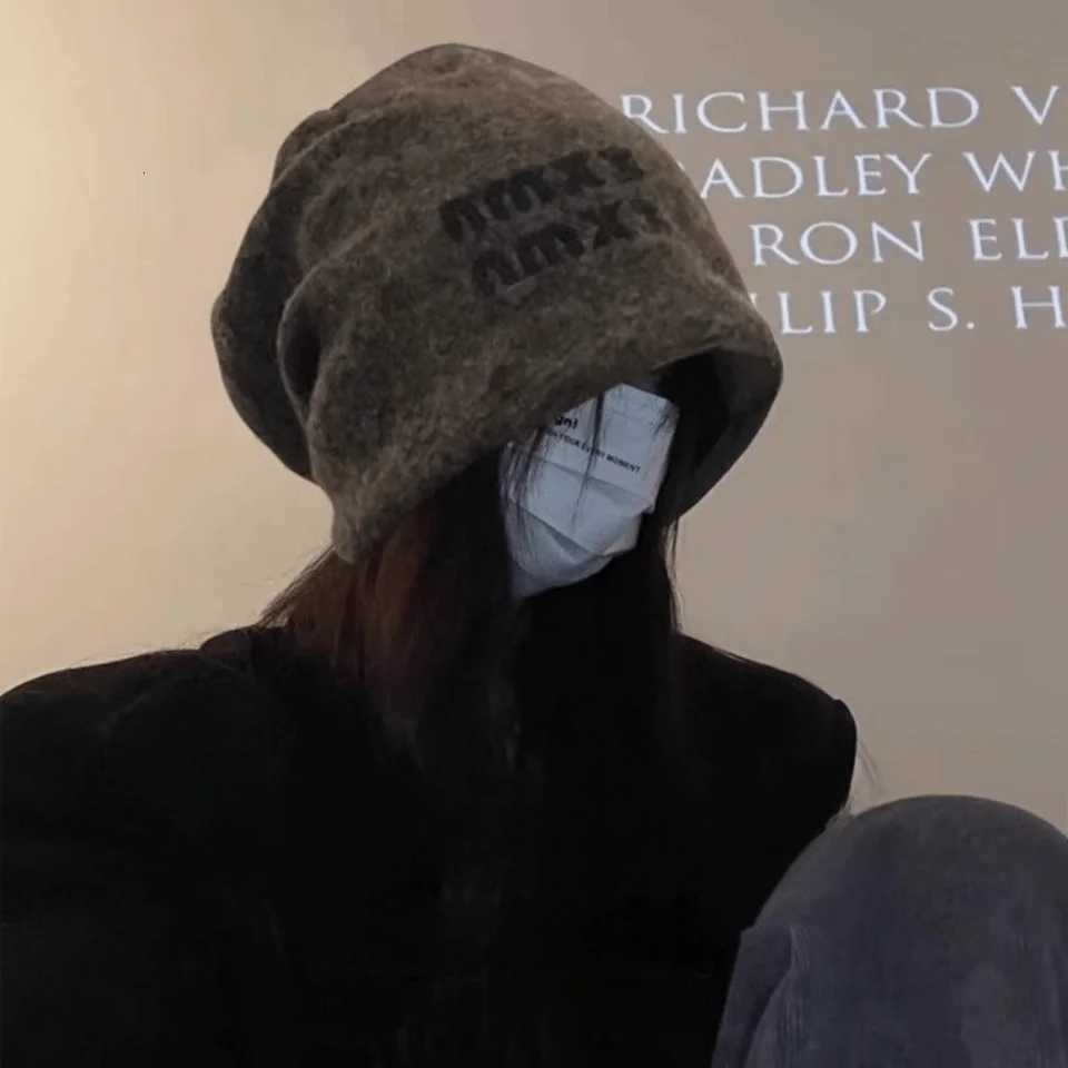 Luxury Japanese Slouchy Beanie Hat Big Size Soft Cold Hat Letter Face Slimming Warm Knit Cap For Daily Wear Y251209