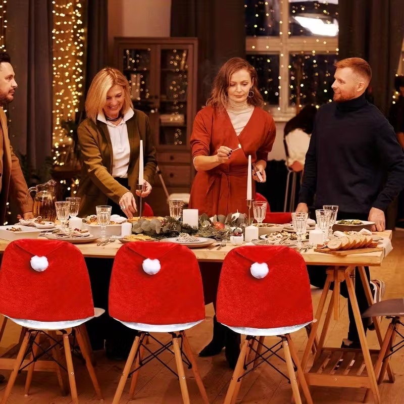 Christmas Chair and Tableware Set, 12 Pieces - Festive Red Santa Hat Design, Perfect for Holiday Dining and Party Decorations