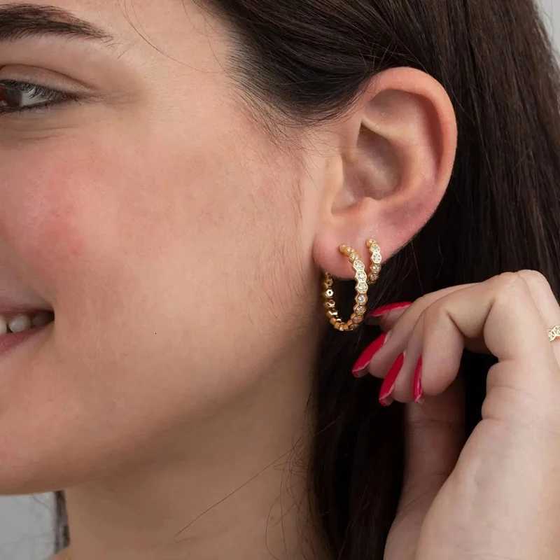 TIANDE Gold Color Geometry Hexagon Hoop Earrings For Women Exquisite Zircon Ear Cuffs Huggies Earrings 2023 Fashion JewelryXJ251210 - view 3
