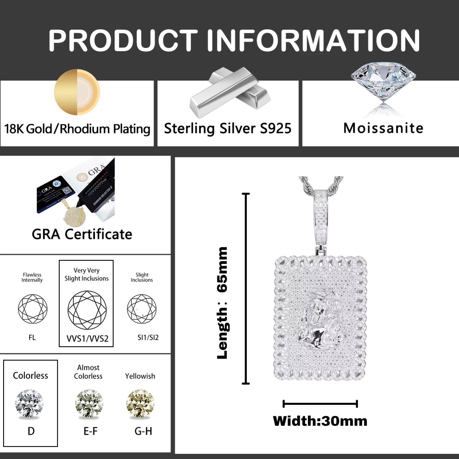 925 Silver Rectangle Micro Pave Gemstones VVS D Moissanite Rhodium Plated Jesus Pendant Hip Hop Style Charm Pendants