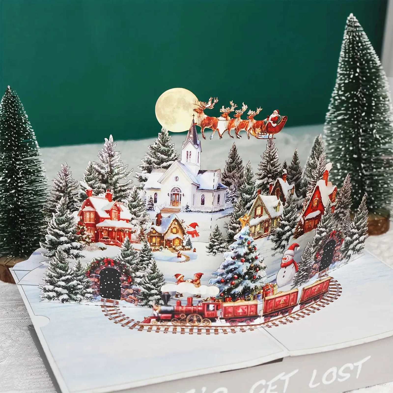 3D -Up Christmas Card with Santa Reindeer-Festive Snowy Village Holiday Greeting Card for Family Friends Moonlit Design H251210