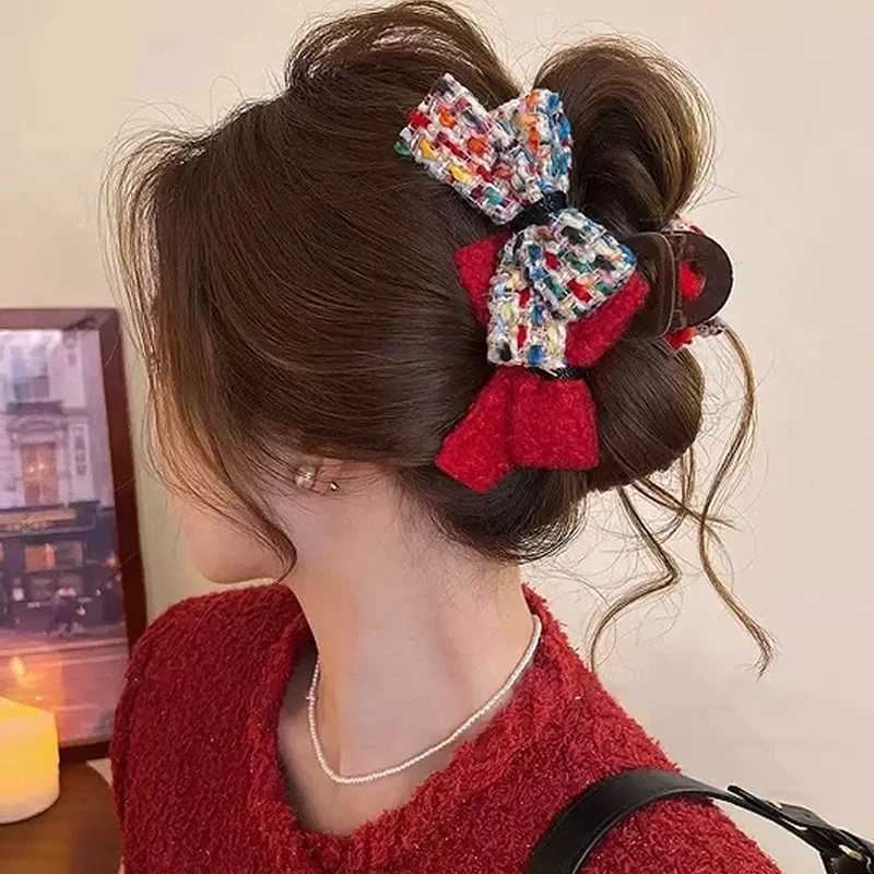 1pc Autumn/Winter wool-blend color-block double bow hair clip large shark clip for the back of the new stylish hair acces Y251210