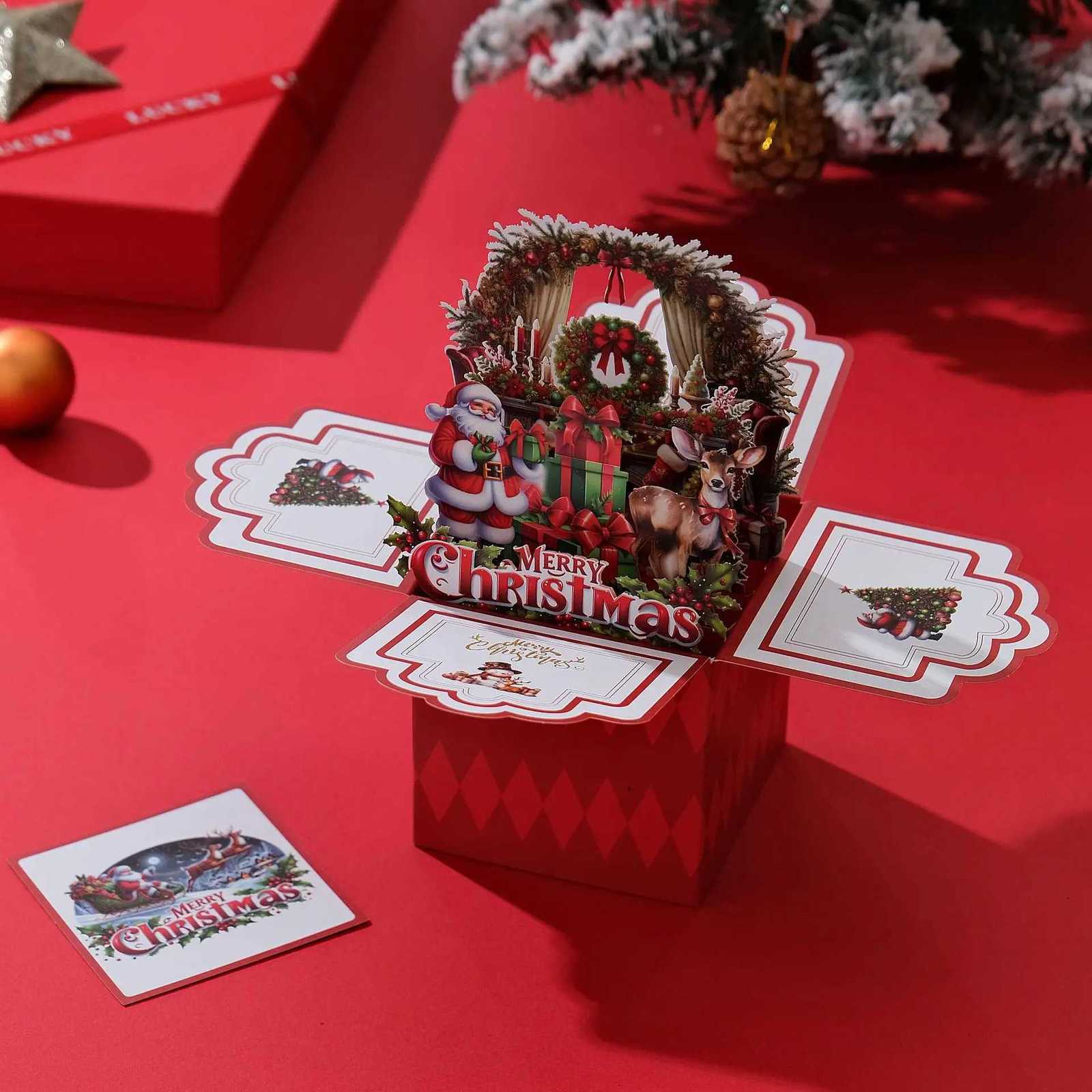Creative Mticolor Christmas 3D Greeting Card Paper with Envelope Merry Christmas Postcard Up Ornaments Blessing Cards Gift H251210