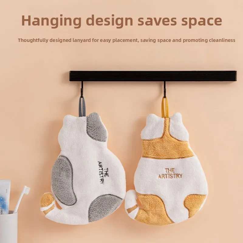 Cat-Print Hand Towel Hanging Washcloth Childrens Adorable Coral Fleece Towel Kitchen Ultra-Absorbent Thickened Dishcloth C251210