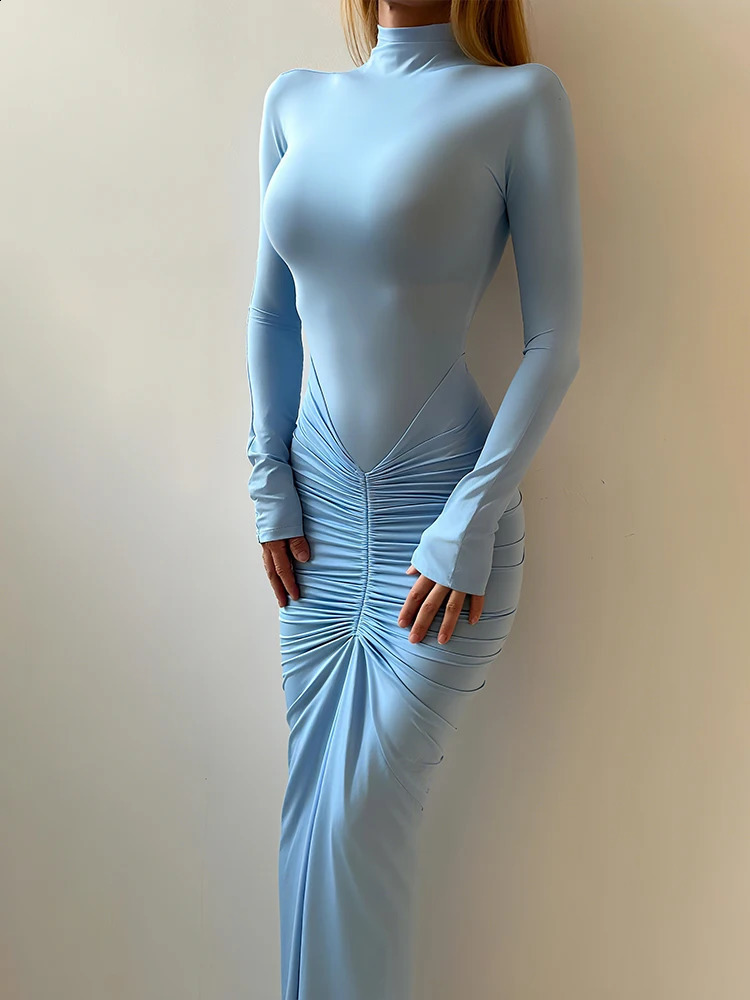 kliou Womens Shirring Maxi Dress - Turtleneck Long Sleeve Bodycon, Solid Autumn Style, Elegant High Street Trend Vestidos C260312