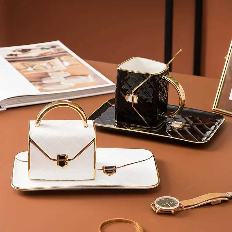 Bag Shaped Coffee Mug Luruxy Aesthetic Cup Ceramic Handbag Shape Tea Mug Saucer Set Dessert Afternoon Water Cup Drinkware Gift C251210