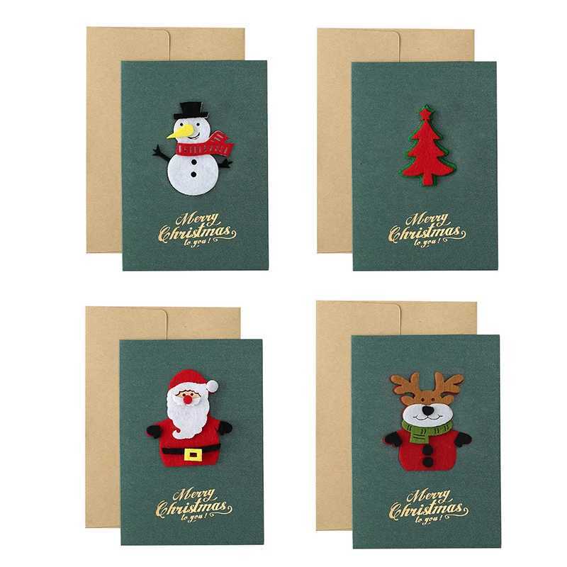 4PCS/Lot Assorted Green Styles Christmas Cards 3D Felt Decoration Pearlescent Paper Greeting Card with Envelope NewYear Gift ZYF H251210